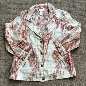 Chicos Linen Blazer Jacket Women's S Beige Orange Watercolor Artsy Travel Resort